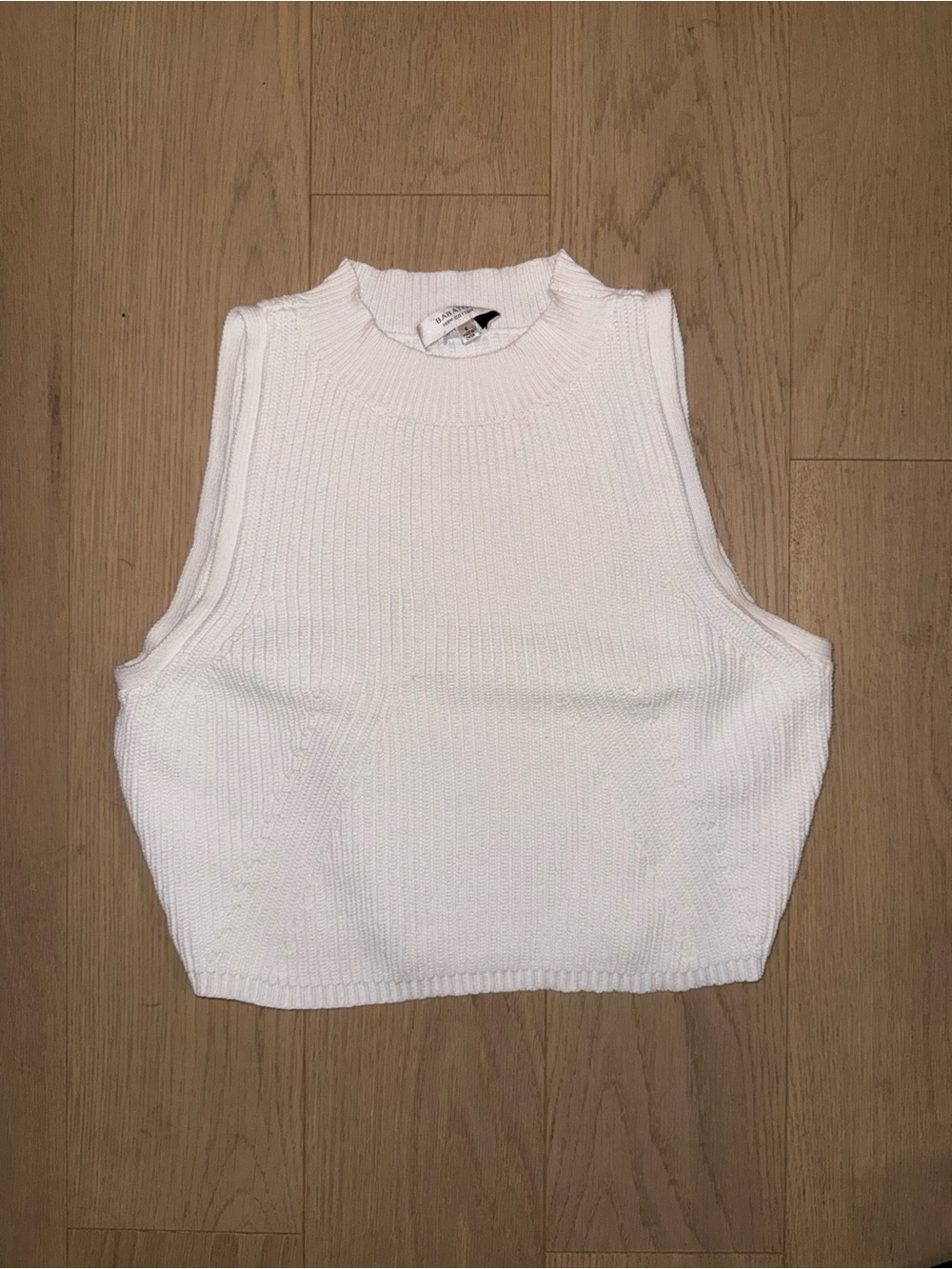 Babaton White Ribbed Mock-Neck Crop Top
